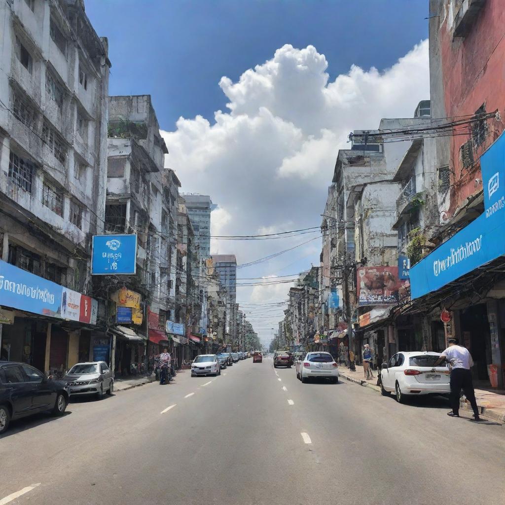 Create a poster visualizing the slogan 'From the Streets to the Cloud: DICTM, Empowering the PNP with Tech-Driven Solutions for a Safer Bagong Pilipinas', highlighting the juxtaposition of an urban street scene transitioning into a high-tech cloud-based platform.