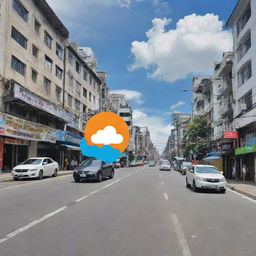 Create a poster visualizing the slogan 'From the Streets to the Cloud: DICTM, Empowering the PNP with Tech-Driven Solutions for a Safer Bagong Pilipinas', highlighting the juxtaposition of an urban street scene transitioning into a high-tech cloud-based platform.