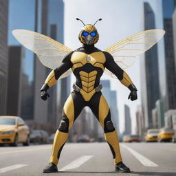 A superhero styled as a bee, with bumblebee stripes, antenna, and intricate wings, donned in a vibrant, durable costume standing in a power-pose against a bustling city backdrop.