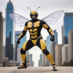 A superhero styled as a bee, with bumblebee stripes, antenna, and intricate wings, donned in a vibrant, durable costume standing in a power-pose against a bustling city backdrop.