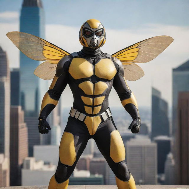 A superhero styled as a bee, with bumblebee stripes, antenna, and intricate wings, donned in a vibrant, durable costume standing in a power-pose against a bustling city backdrop.