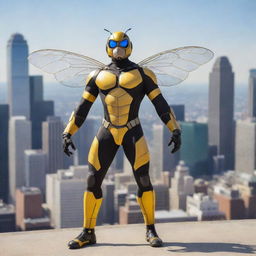 A superhero styled as a bee, with bumblebee stripes, antenna, and intricate wings, donned in a vibrant, durable costume standing in a power-pose against a bustling city backdrop.