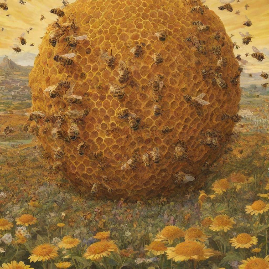 A detailed, imaginative depiction of a world where bees are of human size and interact in a complex, bee-like society with honeycomb architecture and flower fields.