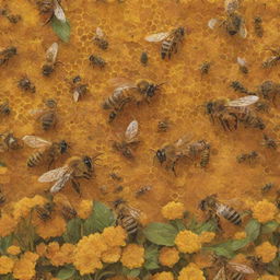 A detailed, imaginative depiction of a world where bees are of human size and interact in a complex, bee-like society with honeycomb architecture and flower fields.