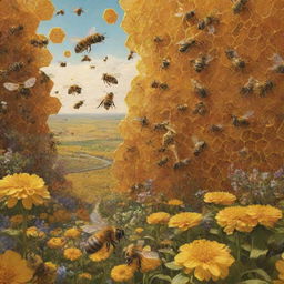 A detailed, imaginative depiction of a world where bees are of human size and interact in a complex, bee-like society with honeycomb architecture and flower fields.