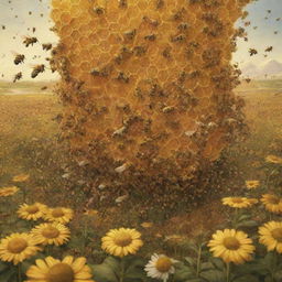 A detailed, imaginative depiction of a world where bees are of human size and interact in a complex, bee-like society with honeycomb architecture and flower fields.