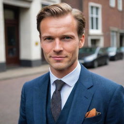 A handsome Dutch man with striking features, neat attire and a welcoming demeanor