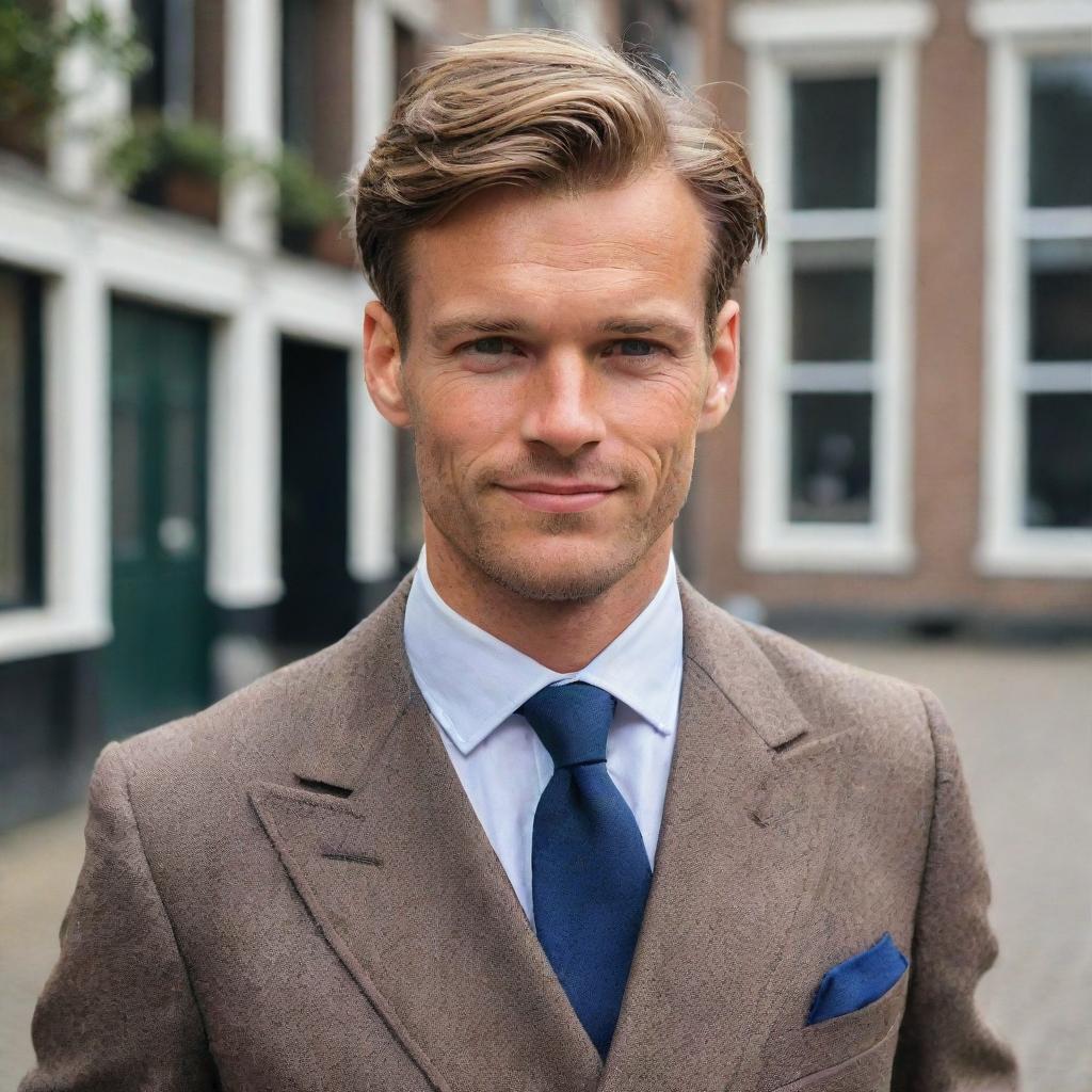 A handsome Dutch man with striking features, neat attire and a welcoming demeanor