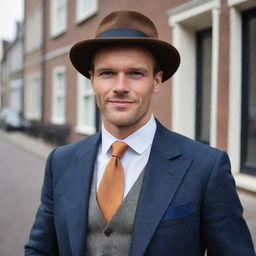 A handsome Dutch man with striking features, neat attire and a welcoming demeanor