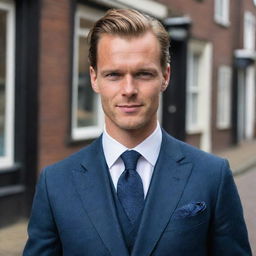 A handsome Dutch man with striking features, neat attire and a welcoming demeanor