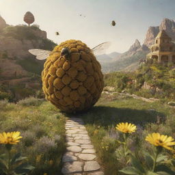 A whimsical world where human-sized bees with humanoid features go about their daily activities in bee-like architecture framing the landscape.