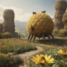 A whimsical world where human-sized bees with humanoid features go about their daily activities in bee-like architecture framing the landscape.