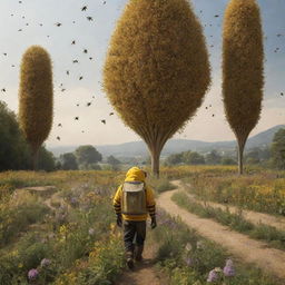 A whimsical world where human-sized bees with humanoid features go about their daily activities in bee-like architecture framing the landscape.