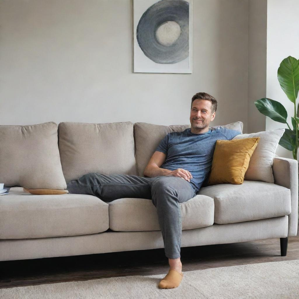 A content, relaxed man sitting comfortably on a modern, plush sofa in a tastefully decorated living room.