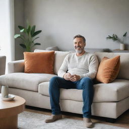 A content, relaxed man sitting comfortably on a modern, plush sofa in a tastefully decorated living room.