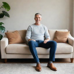 A content, relaxed man sitting comfortably on a modern, plush sofa in a tastefully decorated living room.