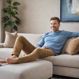 A content, relaxed man sitting comfortably on a modern, plush sofa in a tastefully decorated living room.