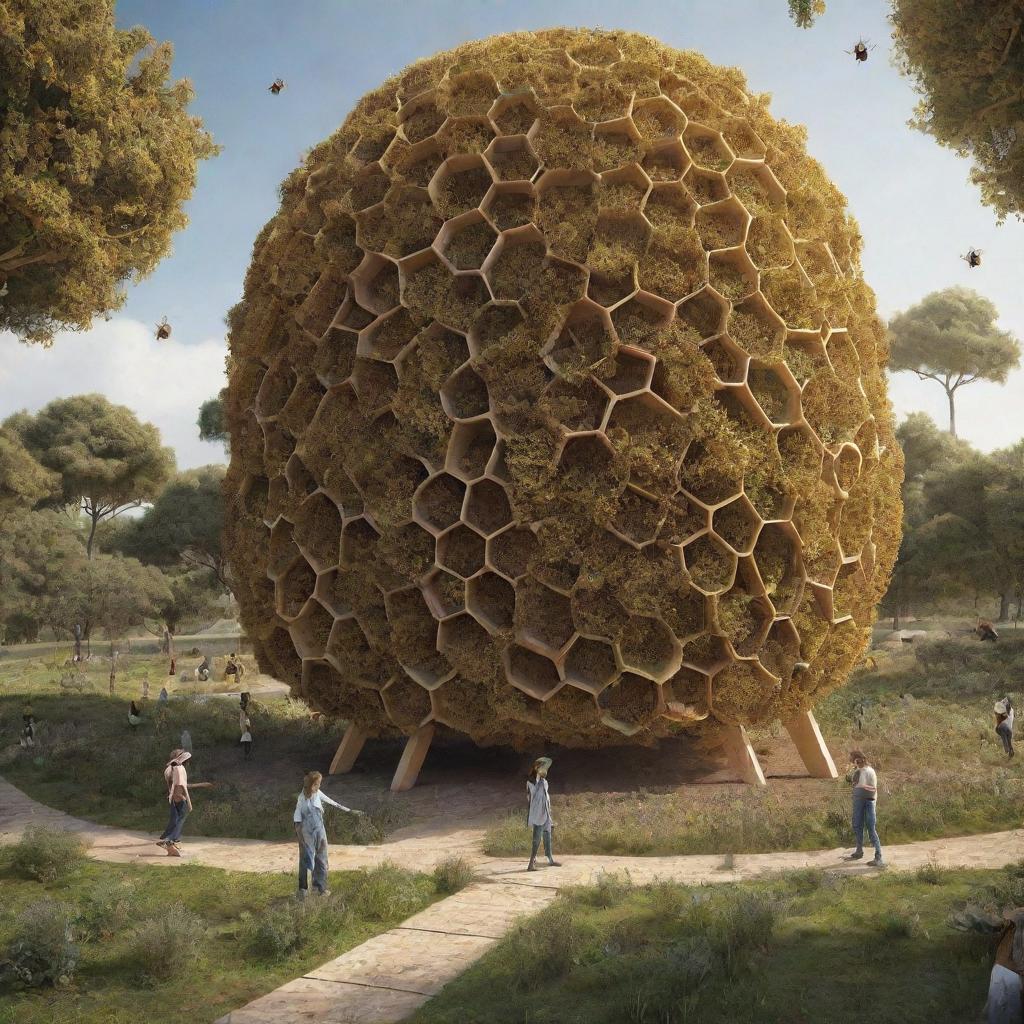 A harmonious scenario where humans live sustainably, deriving their resources from the bee ecosystem with bee-inspired structures and technology.