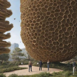 A harmonious scenario where humans live sustainably, deriving their resources from the bee ecosystem with bee-inspired structures and technology.