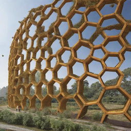 A harmonious scenario where humans live sustainably, deriving their resources from the bee ecosystem with bee-inspired structures and technology.