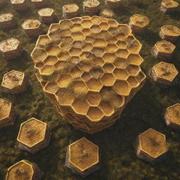 An imaginative perspective of human life molded on the Bee ecosystem, with hive-style living structures, communal harmony, and city layouts inspired by honeycomb patterns.