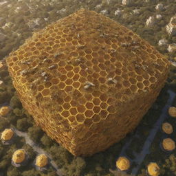 An imaginative perspective of human life molded on the Bee ecosystem, with hive-style living structures, communal harmony, and city layouts inspired by honeycomb patterns.