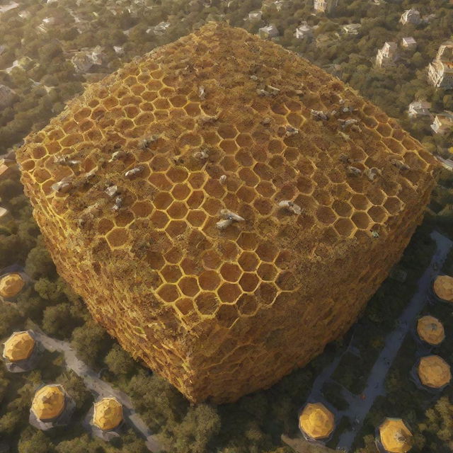 An imaginative perspective of human life molded on the Bee ecosystem, with hive-style living structures, communal harmony, and city layouts inspired by honeycomb patterns.