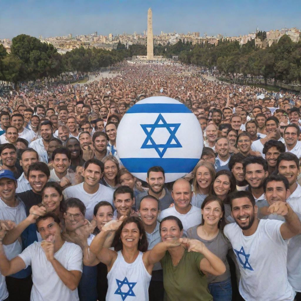 A diverse group of Guza people forming a bond with Israel, prominently featuring Israeli landmarks and culture representative symbols in a unifying display.