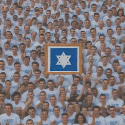 A diverse group of Guza people forming a bond with Israel, prominently featuring Israeli landmarks and culture representative symbols in a unifying display.