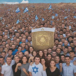 A diverse group of Guza people forming a bond with Israel, prominently featuring Israeli landmarks and culture representative symbols in a unifying display.