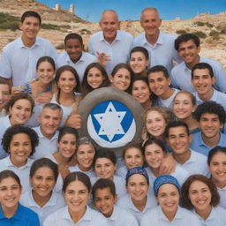 A diverse group of Guza people forming a bond with Israel, prominently featuring Israeli landmarks and culture representative symbols in a unifying display.