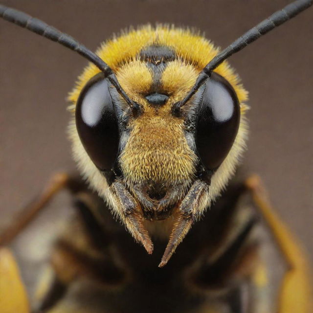 Image of a human with bee-like characteristics: black and yellow stripes, antenna, compound eyes, and wings.