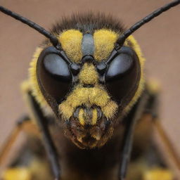 Image of a human with bee-like characteristics: black and yellow stripes, antenna, compound eyes, and wings.