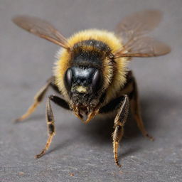 Image of a human with bee-like characteristics: black and yellow stripes, antenna, compound eyes, and wings.