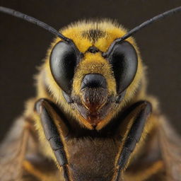 Image of a human with bee-like characteristics: black and yellow stripes, antenna, compound eyes, and wings.