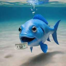 Create a humorous meme featuring a blue fish playfully spewing money from its mouth as it swims in crystal clear water