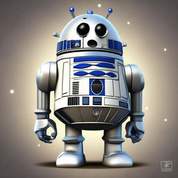 A high-quality, realistic digital art image featuring a unique fantastic creature, which is an amalgamation of the Tin Man, Humpty-Dumpty, and R2-D2