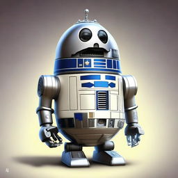 A high-quality, realistic digital art image featuring a unique fantastic creature, which is an amalgamation of the Tin Man, Humpty-Dumpty, and R2-D2