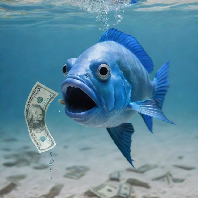 Create a humorous meme featuring a blue fish playfully spewing money from its mouth as it swims in crystal clear water