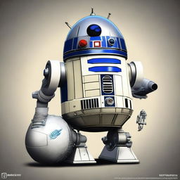 A high-quality, realistic digital art image featuring a unique fantastic creature, which is an amalgamation of the Tin Man, Humpty-Dumpty, and R2-D2