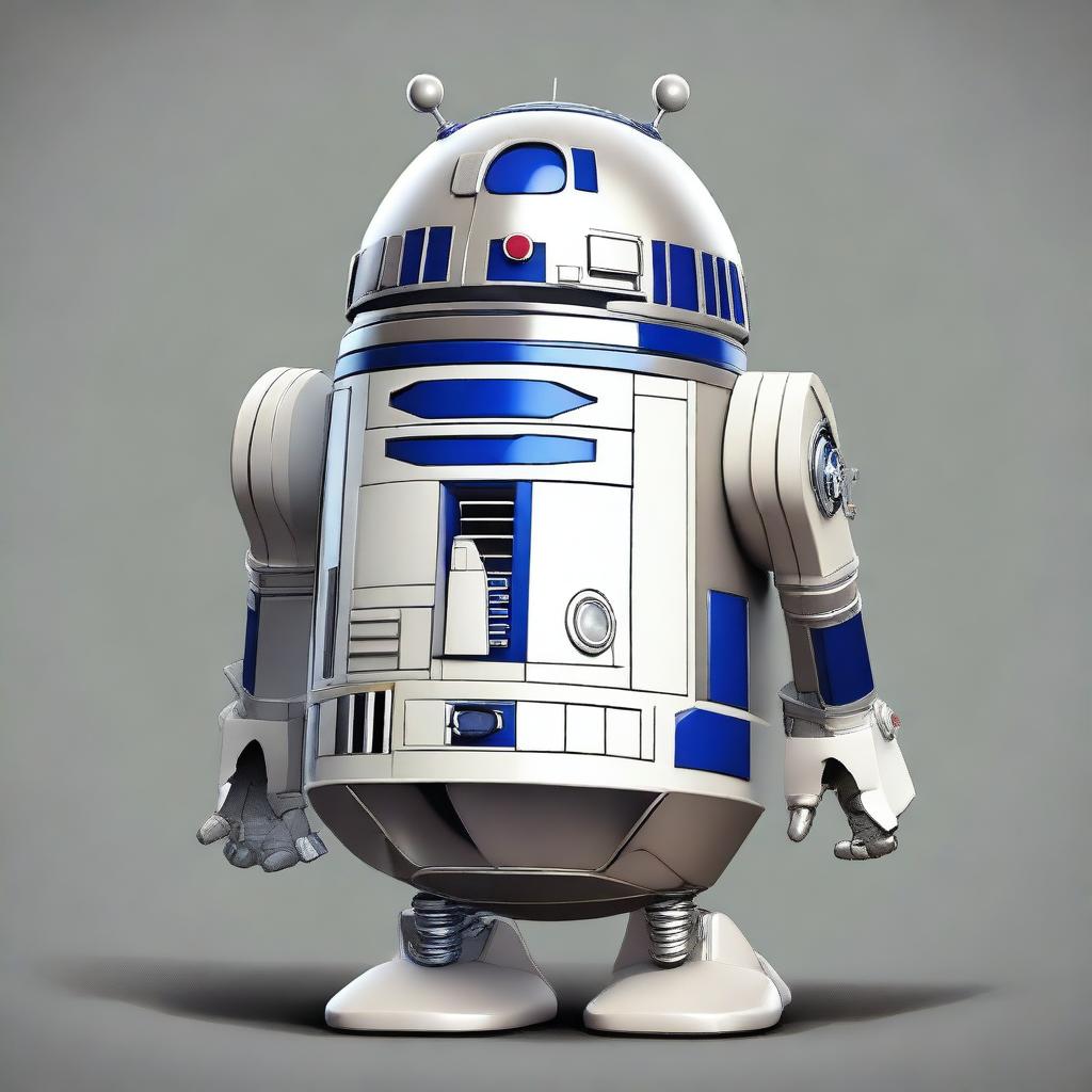 A high-quality, realistic digital art image featuring a unique fantastic creature, which is an amalgamation of the Tin Man, Humpty-Dumpty, and R2-D2