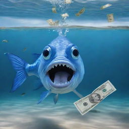 Create a humorous meme featuring a blue fish playfully spewing money from its mouth as it swims in crystal clear water