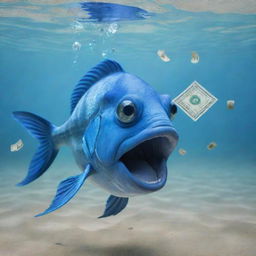 Create a humorous meme featuring a blue fish playfully spewing money from its mouth as it swims in crystal clear water