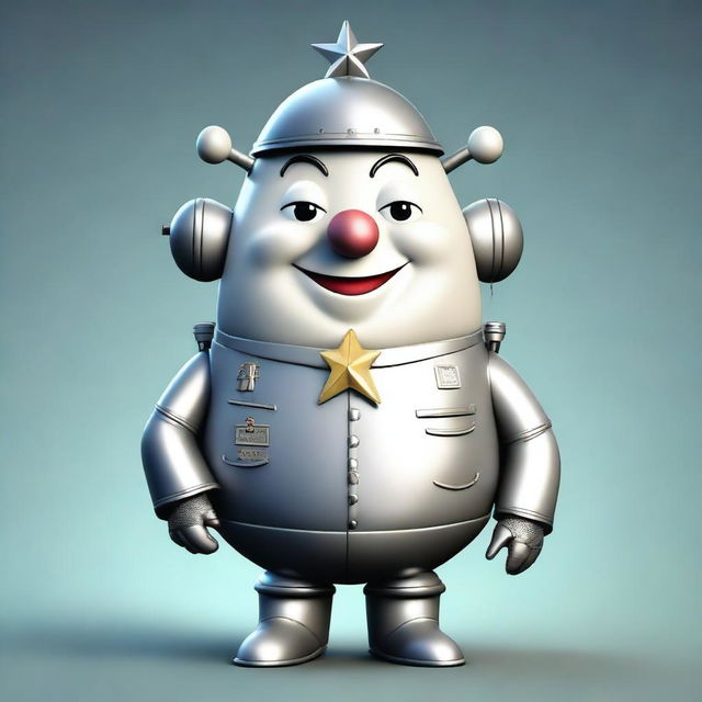 This is a high-quality, realistic digital art image of a unique fantastic creature that combines elements of the Tin Man and Humpty-Dumpty