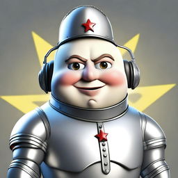 This is a high-quality, realistic digital art image of a unique fantastic creature that combines elements of the Tin Man and Humpty-Dumpty