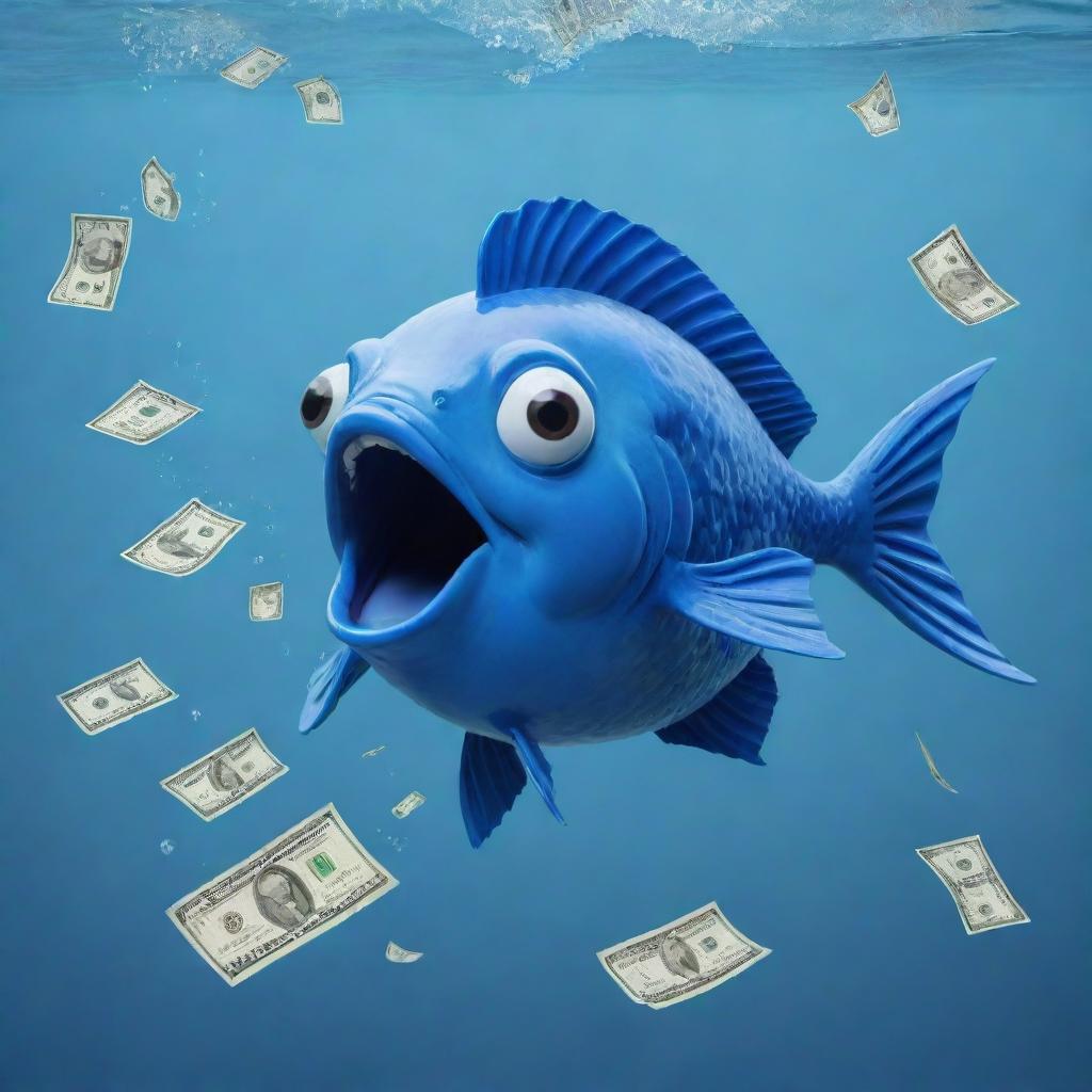 Design a meme with a whimsical 2D blue fish, comically releasing a stream of money from its mouth as it navigates through clear water