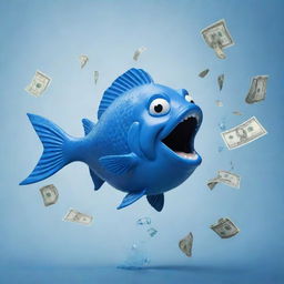 Design a meme with a whimsical 2D blue fish, comically releasing a stream of money from its mouth as it navigates through clear water