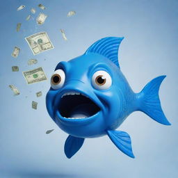 Design a meme with a whimsical 2D blue fish, comically releasing a stream of money from its mouth as it navigates through clear water