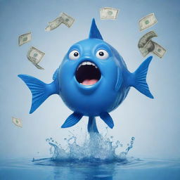 Design a meme with a whimsical 2D blue fish, comically releasing a stream of money from its mouth as it navigates through clear water