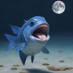 Create a meme featuring a 2D blue fish merrily distributing money from its mouth as it swims in clear water, and shouting the phrase 'Ton to the moon'